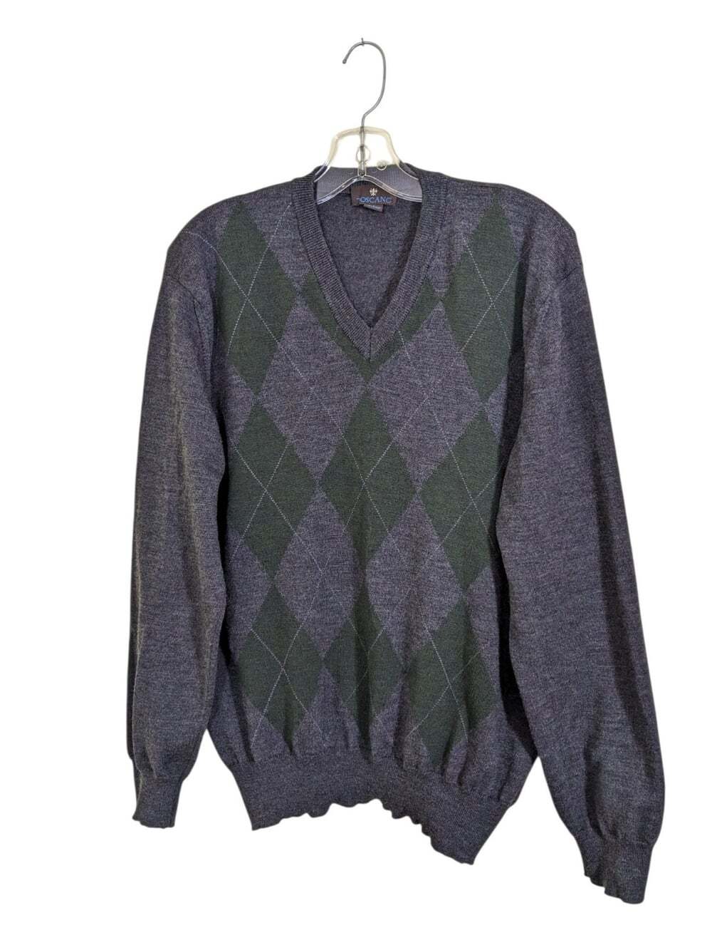 Toscano Italy Mens Merino Wool V Neck Argyle Gray Size Large Preppy Old Money